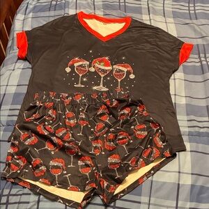 New Festive Wine Glass rhinestones Print Pajama Set - Black and Red  medium